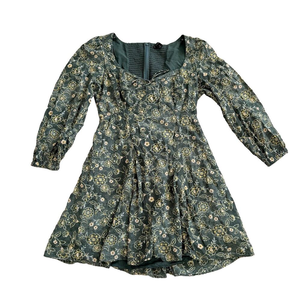 J.Crew Green Floral Sweetheart Smocked Long Sleeve Mini Lined Dress 8 Preppy